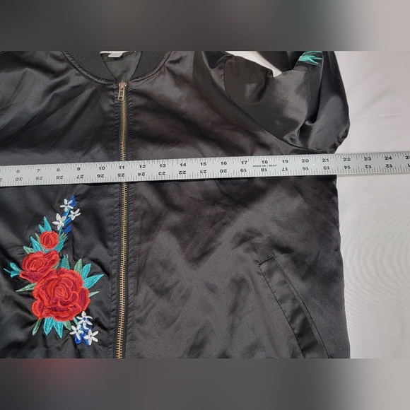 Say What? Black Bomber Jacket with Red Floral Embroidery Womens Size Small - Picture 10 of 12